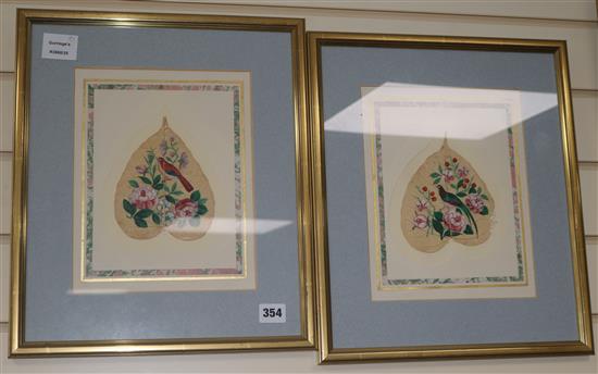 A pair of Cantonese painted mulberry leaves H.5.5ins